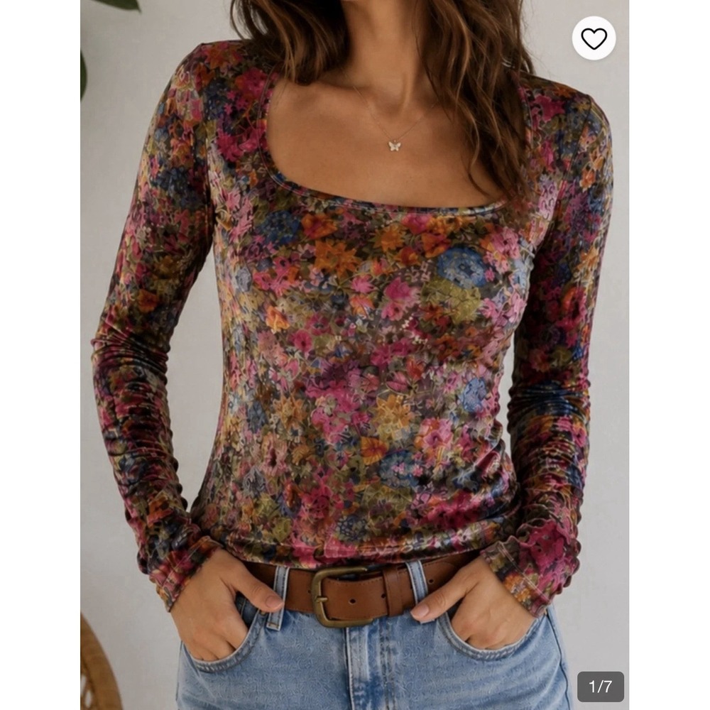 Natural Life Velvet Stretchy Floral Long Sleeve Top Fitted Square Neck Size XL